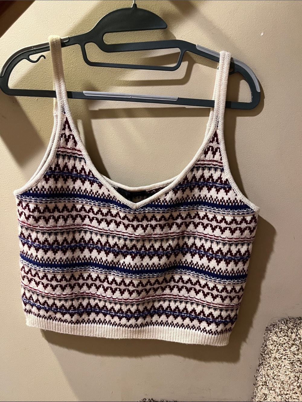rag & bone Cream Cropped Knit Tank with Burgundy & Navy Fair Isle